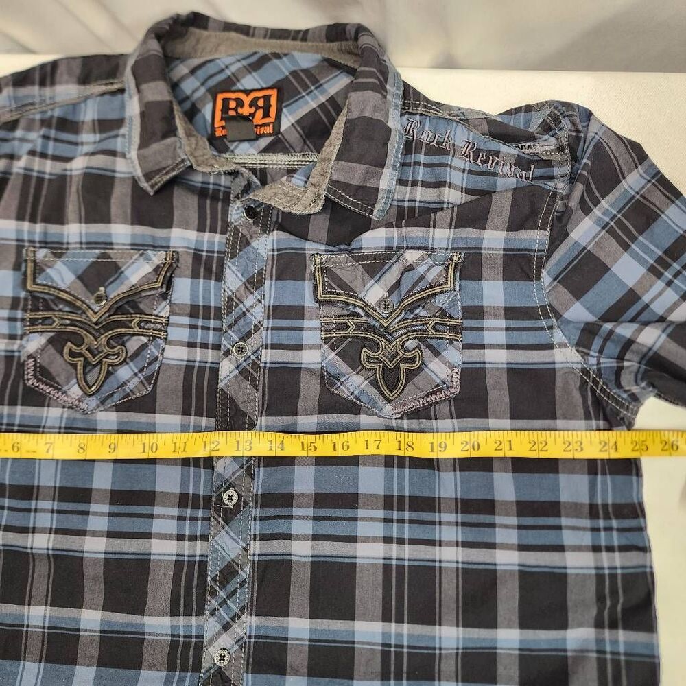 Rock Revival Plaid Button Up Shirt Men's XXL Blue Gray Embroidered Cotton - Picture 4 of 9